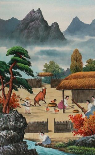 North Korean Harvest Time Wall Scroll close up view