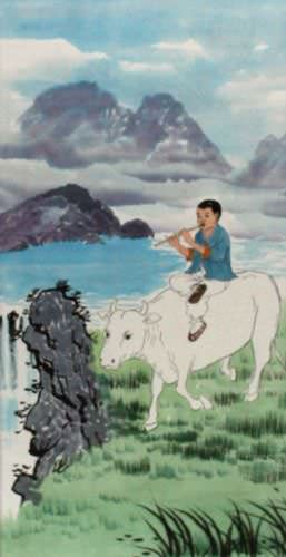 North Korean Cowboy Wall Scroll close up view