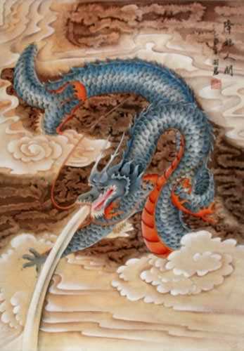 Good Luck Blue Dragon - Chinese Scroll close up view