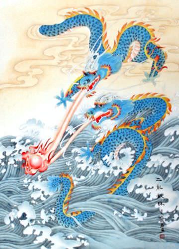 Two Dragons Pearl Fireball Revelry - Wall Scroll close up view