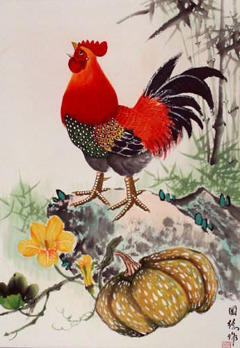 Asian Farmyard Rooster Wall Scroll close up view