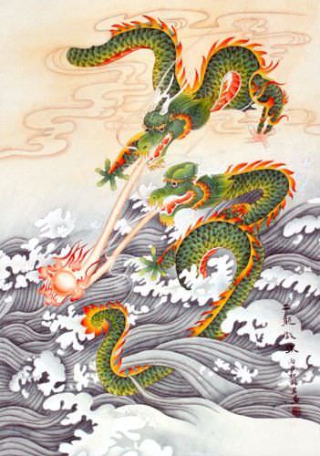 Two Dragons Pearl Fireball Revelry - Asian Scroll close up view