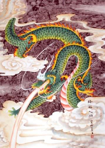 Good Luck Green Dragon Chinese Wall Scroll close up view