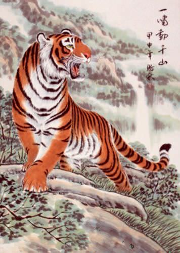 Chinese Tiger Wall Scroll close up view