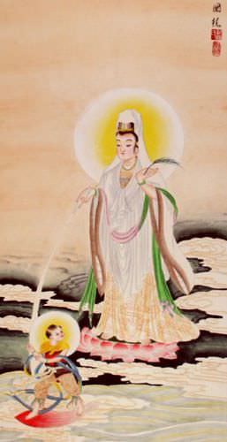 Guanyin Brings Forth a Boy - Wall Scroll close up view