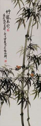 Chinese Green Bamboo and Birds Wall Scroll close up view
