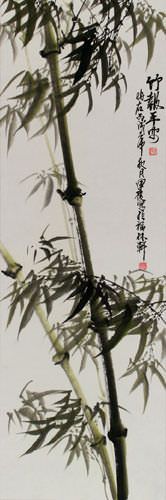 Chinese Green Bamboo and Birds Wall Scroll close up view