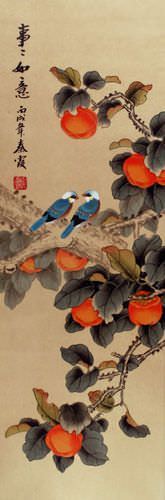 Everything As You Wish Birds & Persimmon Wall Scroll close up view
