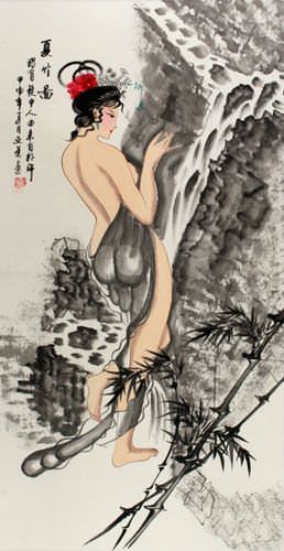 Summer Bamboo Semi-Nude Sexy Asian Woman Wall Scroll close up view