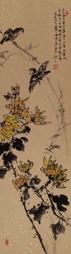 Birds and Chrysanthemum Flowers Wall Scroll close up view