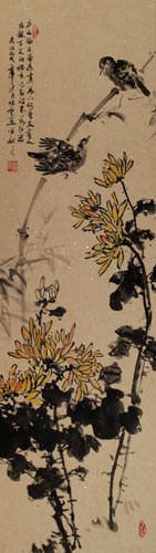 Birds and Chrysanthemum Flowers Wall Scroll close up view