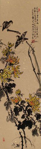 Chinese Birds and Chrysanthemum Flowers Wall Scroll close up view