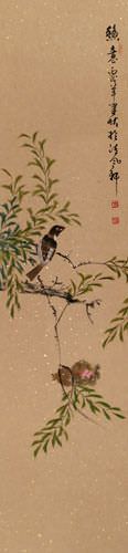 Birds on a Branch - Wall Scroll close up view