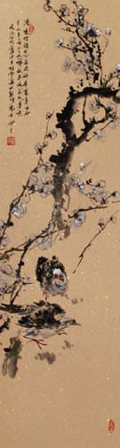 Birds and Plum Blossom Flowers Wall Scroll close up view