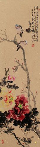 Birds and Peony Flowers Wall Scroll close up view