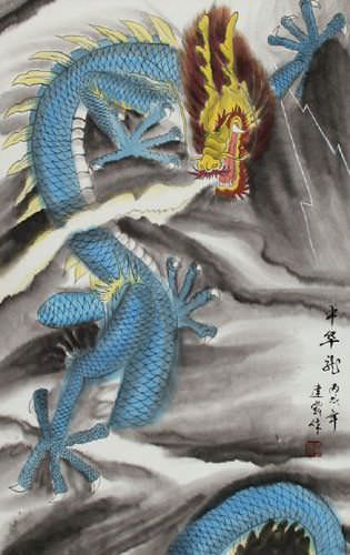 Blue Chinese Dragon - Copper Silk Wall Scroll close up view