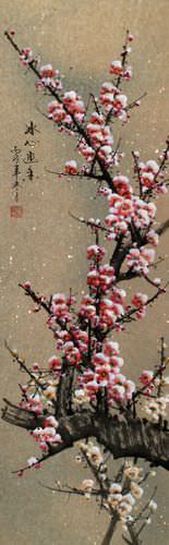 White/Pink Plum Blossom Wall Scroll close up view