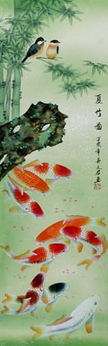 Koi Fish and Bamboo Wall Scroll close up view