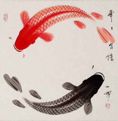 Yin Yang Fish Silk Wall Scroll close up view