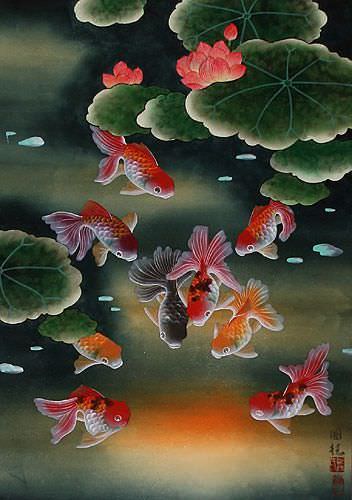 Gold Fish & Flowers - Asian Scroll close up view