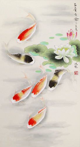 Japanese Koi Fish and Lotus - Silk Scroll close up view