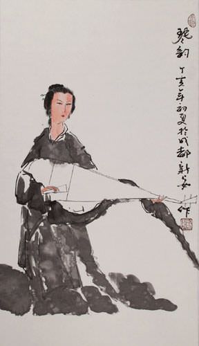 Abstract Woman and Lute Chinese Scroll close up view