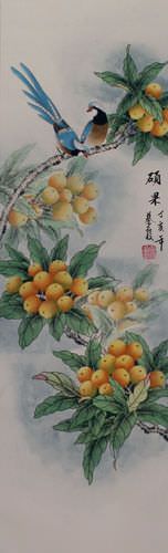 Traditional Chinese Bird and Flower Wall Scroll close up view