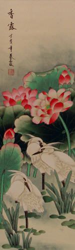 Fragrant Dew of the Lotus Pond Wall Scroll close up view