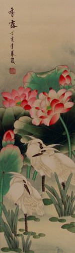 Fragrant Dew of the Lotus Pond - Asian Egrets Wall Scroll close up view