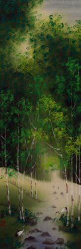 Singing Cranes - Asian Mountain Stream Wall Scroll close up view