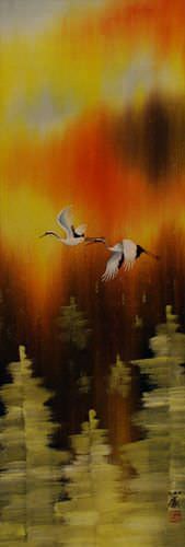Cranes Taking Flight in Autumn Wall Scroll close up view