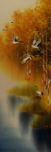 Autumn Rhyme - Colorful Asian Cranes Wall Scroll close up view