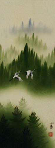 Colorful Cranes Wall Scroll close up view