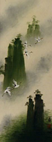 Spirits Visit Yellow Mountain Cranes - Small Wall Scroll close up view