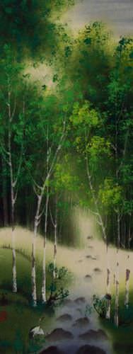 Singing Cranes - Asian Mountain Stream Small Wall Scroll close up view