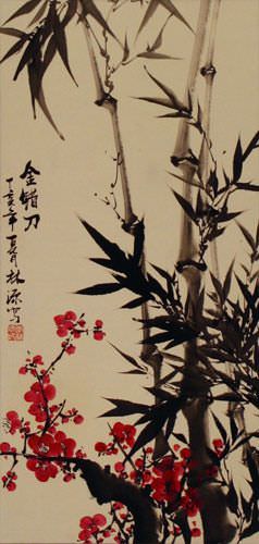 Plum Blossom and Black Ink Bamboo Chinese Scroll close up view