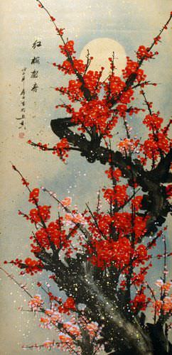 Big Deep Red Plum Blossom Wall Scroll close up view