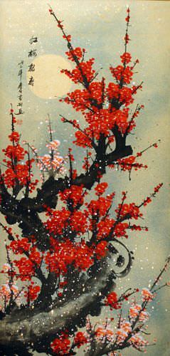 Big Deep Red Plum Blossom Wall Scroll close up view
