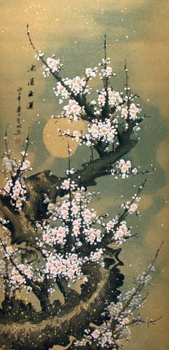 Big White Plum Blossom Wall Scroll close up view