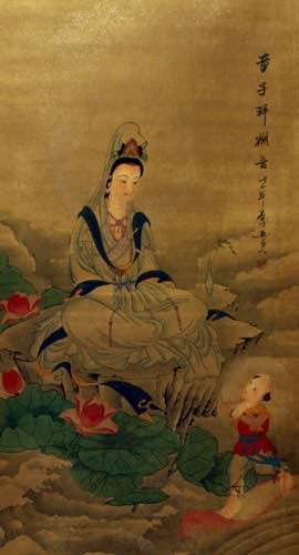 Image of Guanyin Buddha Diety - Partial-Print Wall Scroll close up view
