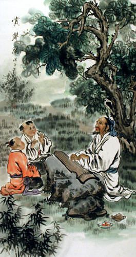 Enjoying the Chinese Zither Music - Wall Scroll close up view