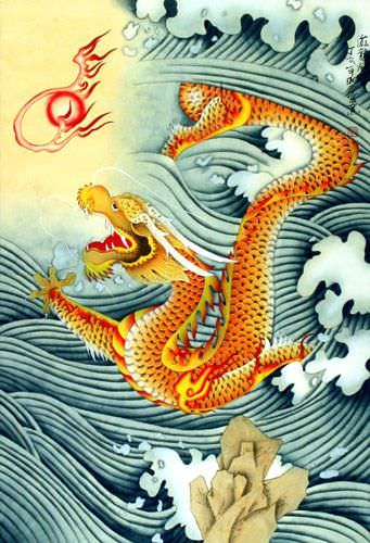 Auspicious Golden Dragon Gold Silk Scroll close up view