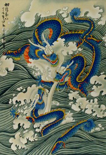 Dragons Play in the Sea - Chinese Silk Scroll close up view