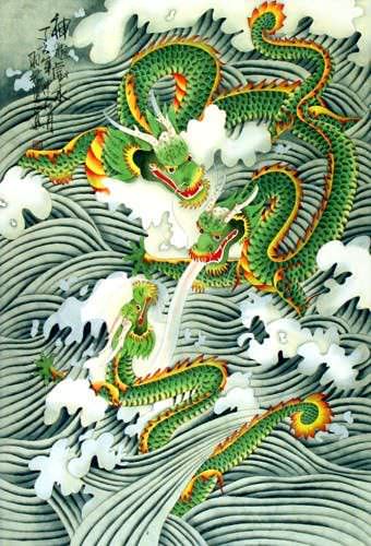 Dragons Play in the Sea - Chinese Silk Scroll close up view