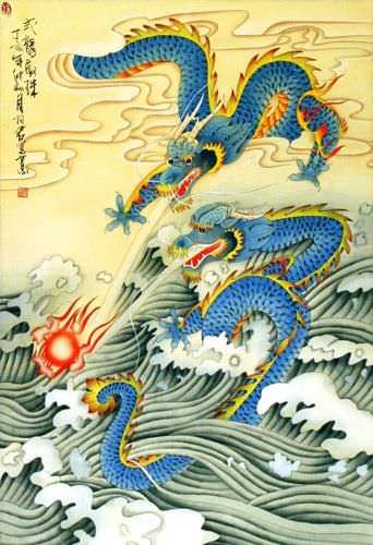 Two Dragons Pearl Fireball Revelry - Wall Scroll close up view