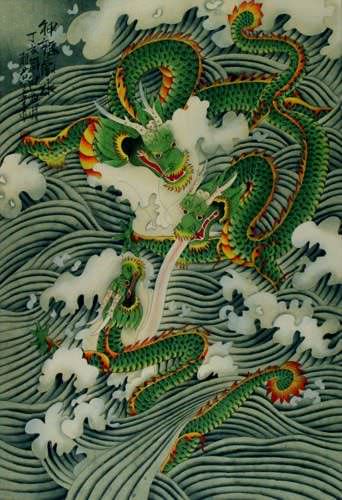 Dragons Play in the Sea - Chinese Silk Scroll close up view