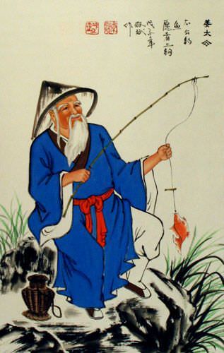 Old Man Fishing Wall Scroll close up view