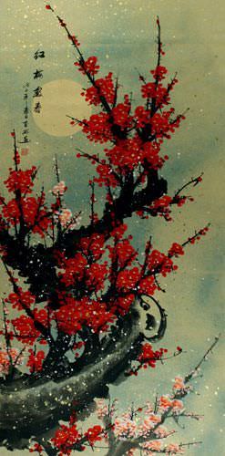 Big Deep Red Plum Blossom Wall Scroll close up view