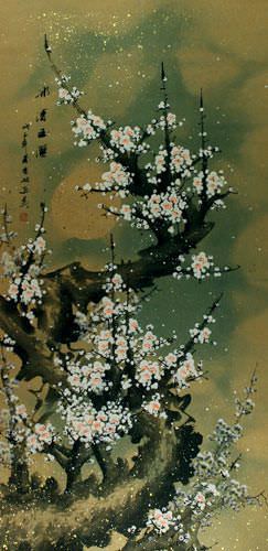 Big White Plum Blossom Wall Scroll close up view