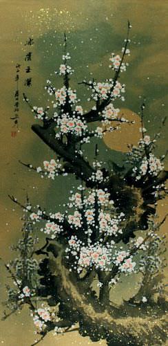 Big White Plum Blossom Wall Scroll close up view